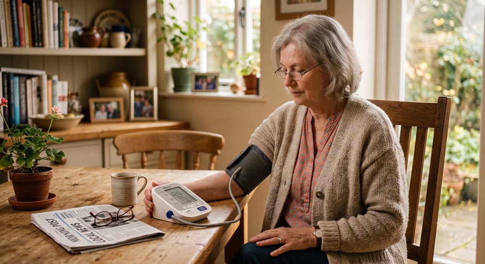 An older woman taking a blood pressure reading with an arm-cuff monitor at her kitchen table