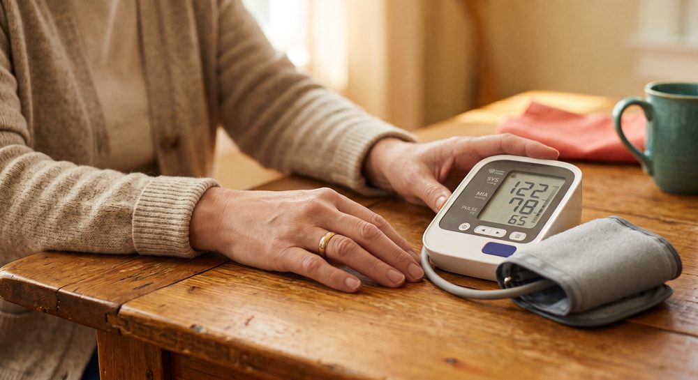 A person's hands resting on a wooden table beside a blood pressure monitor showing a reading