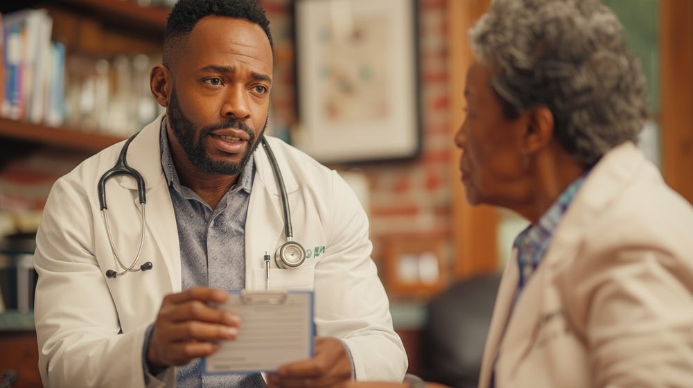 A doctor reviewing blood pressure results with an older woman during an appointment