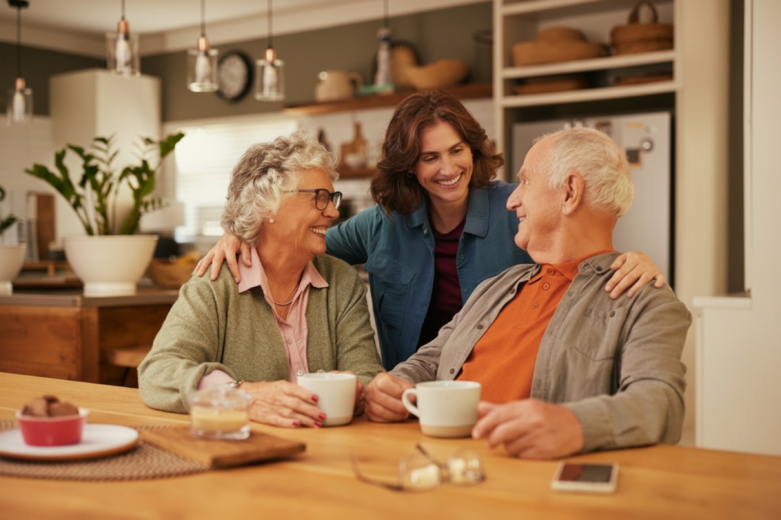 Three generations of a family together in a sunny kitchen