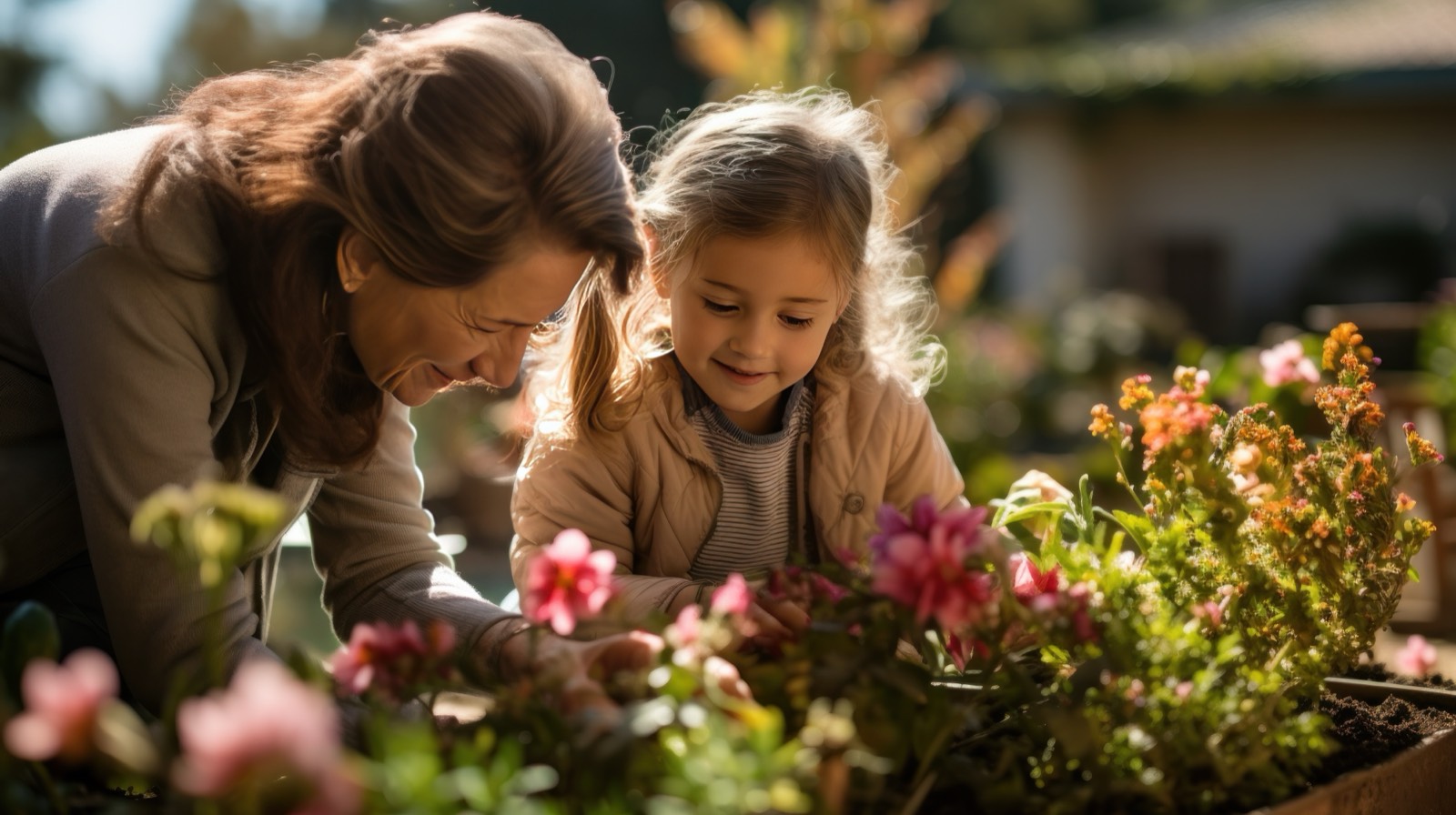 A grandmother in the garden with her grandchild