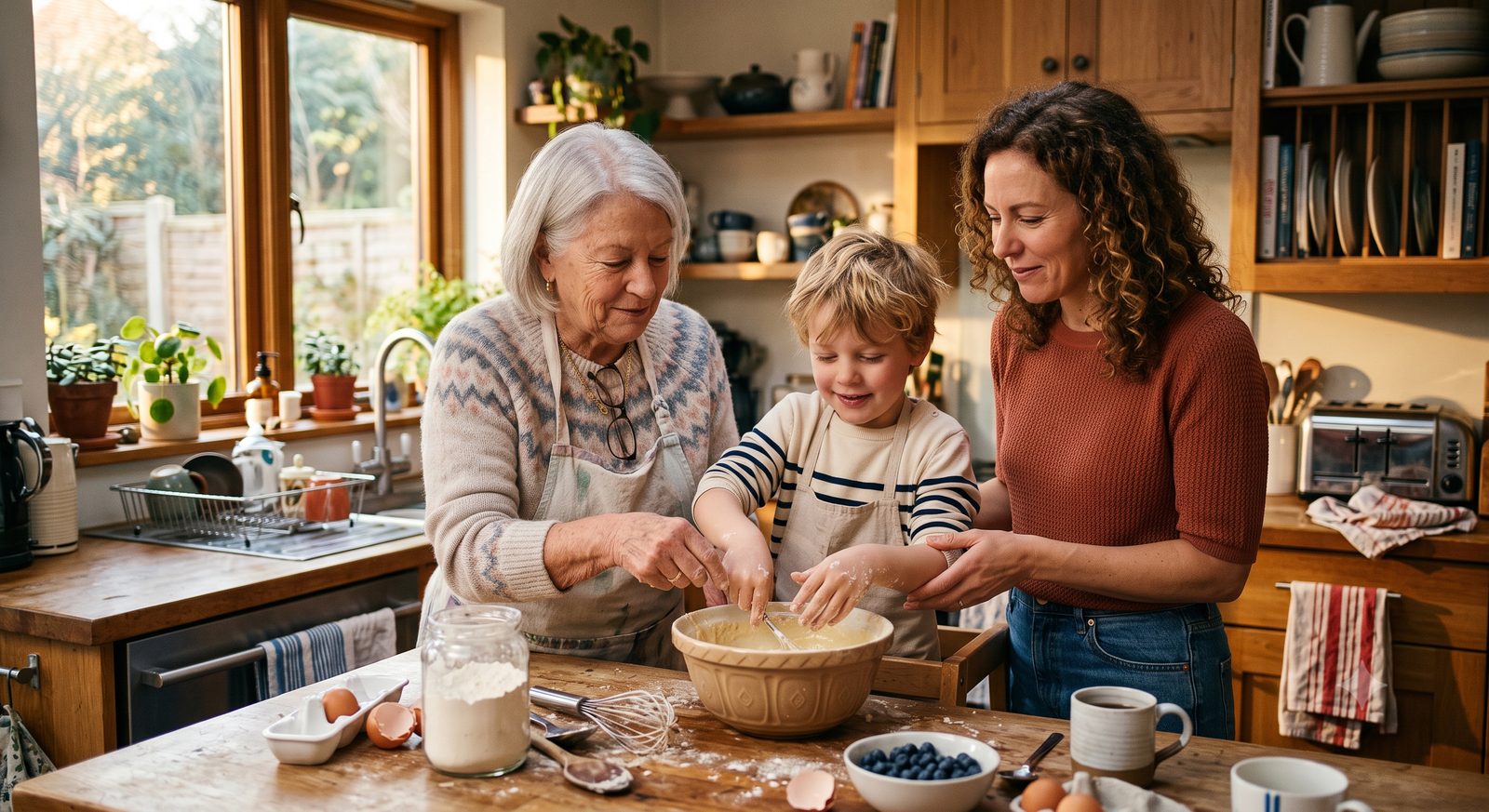 A grandmother, her adult daughter, and a young grandchild baking together at the kitchen table in a warm home