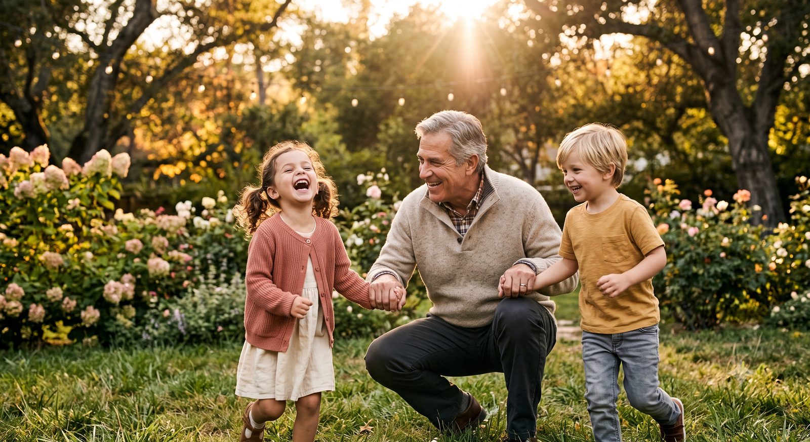 A grandfather laughing in a sunlit garden, holding hands with his two young grandchildren