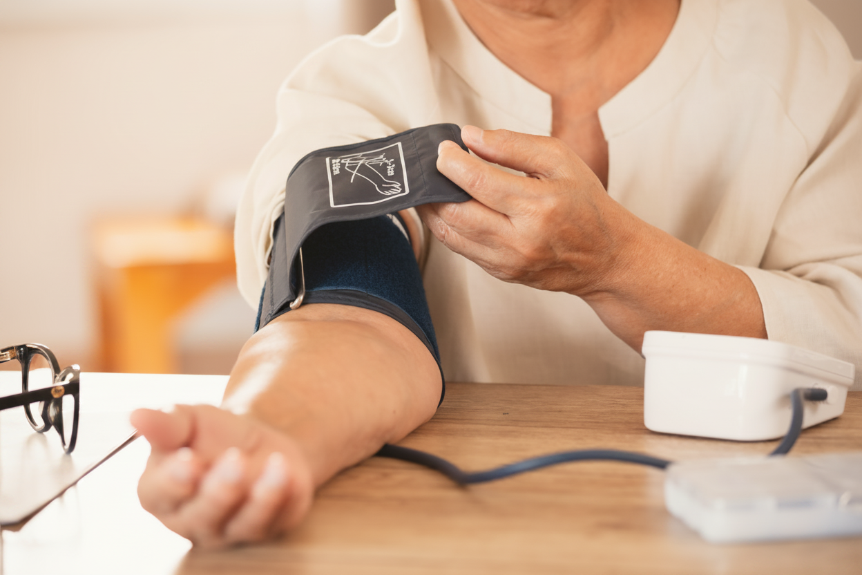 An older woman fastening a blood pressure monitor cuff on her upper arm at a table, the monitor beside her
